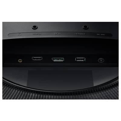 Bagsiden af en skærm med stik: HDMI, DisplayPort, Service, DC 19V, hovedtelefon- og USB-stik.