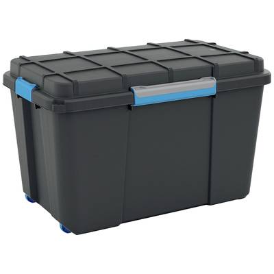 En sort plastisk opbevaringskasse med grå låg og greb og blå hjul, velegnet til opbevaring og transport.