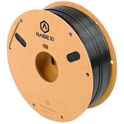 En rulle sort filament til 3D-printer med 'Raise3D'-påskrift på spolen.