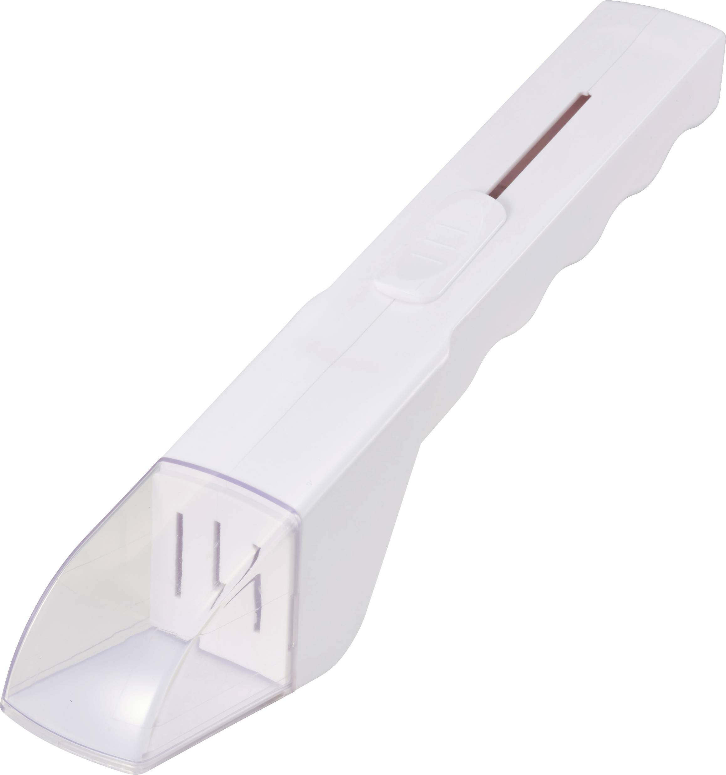 En hvid isskraber af plast med et håndtag og en transparent klinge.