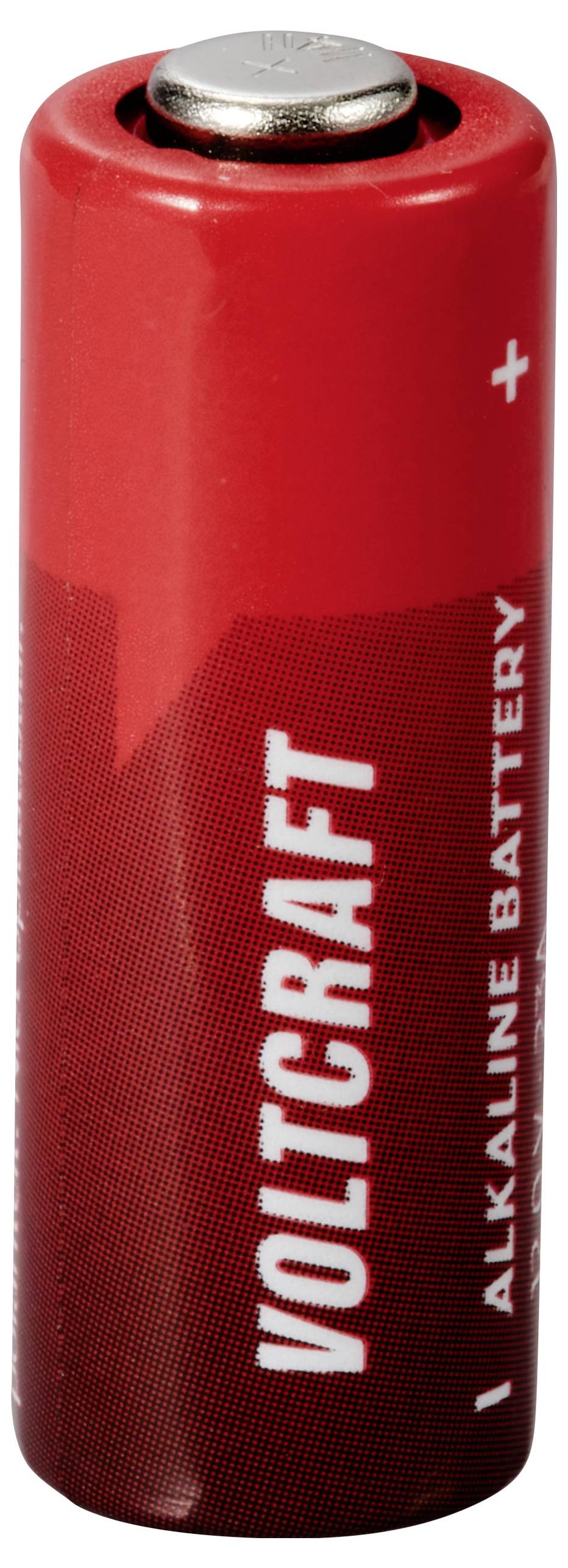 Rød alkalisk batteri med påskriften 'Voltcraft'. Den har et plus-symbol øverst, som markerer den positive side.