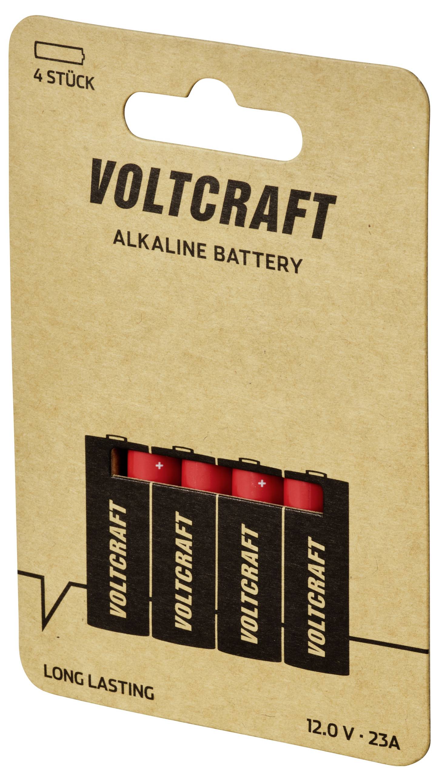 Emballage til Voltcraft alkaliske batterier, 12V, 23A, med fire røde batterier. Påskrift: 'Lang levetid'.