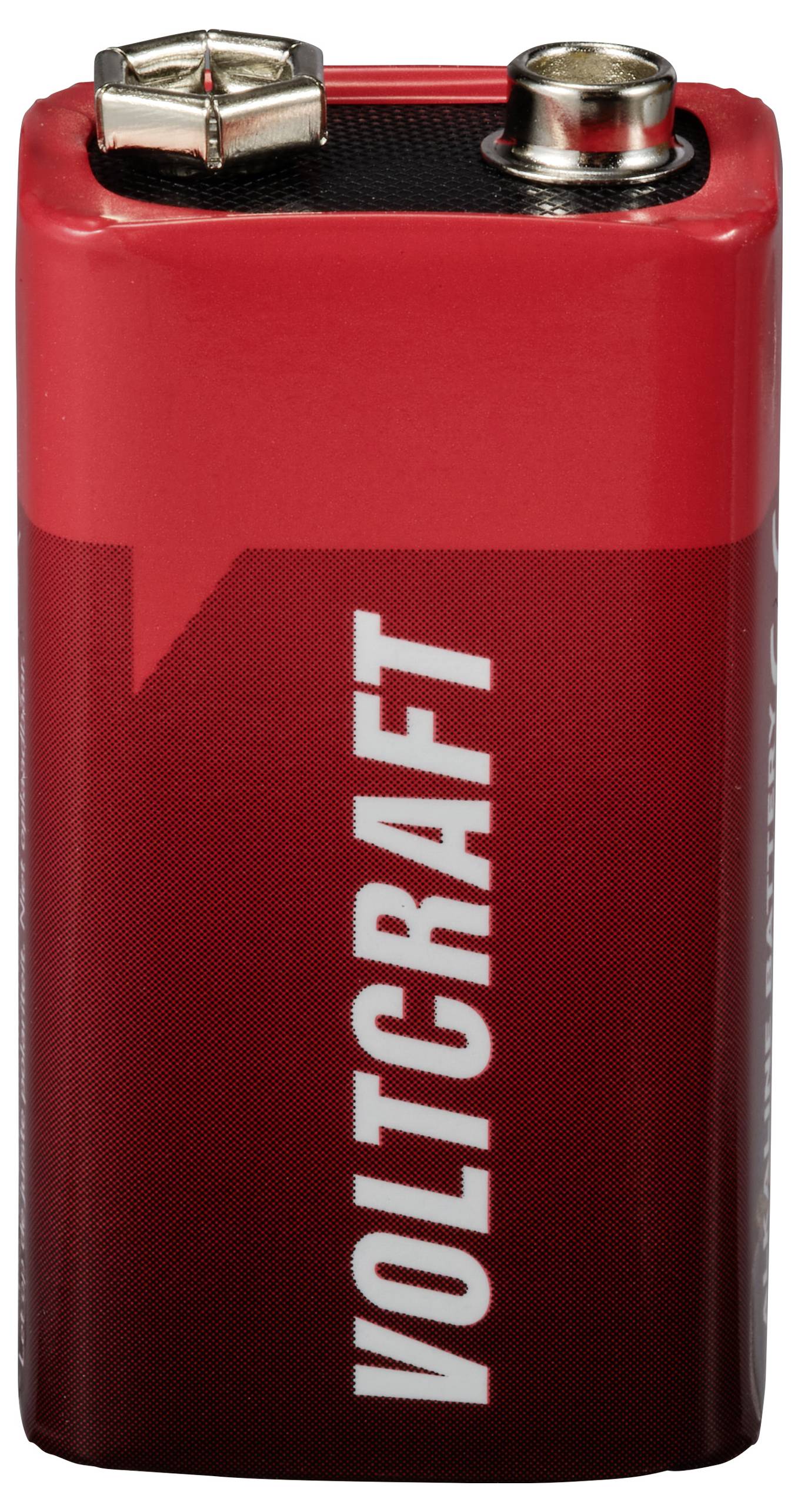 Rød 9-volt-batteri med påskrift 'VOLTCRAFT' i hvid. Foroven er de to kontakter synlige.