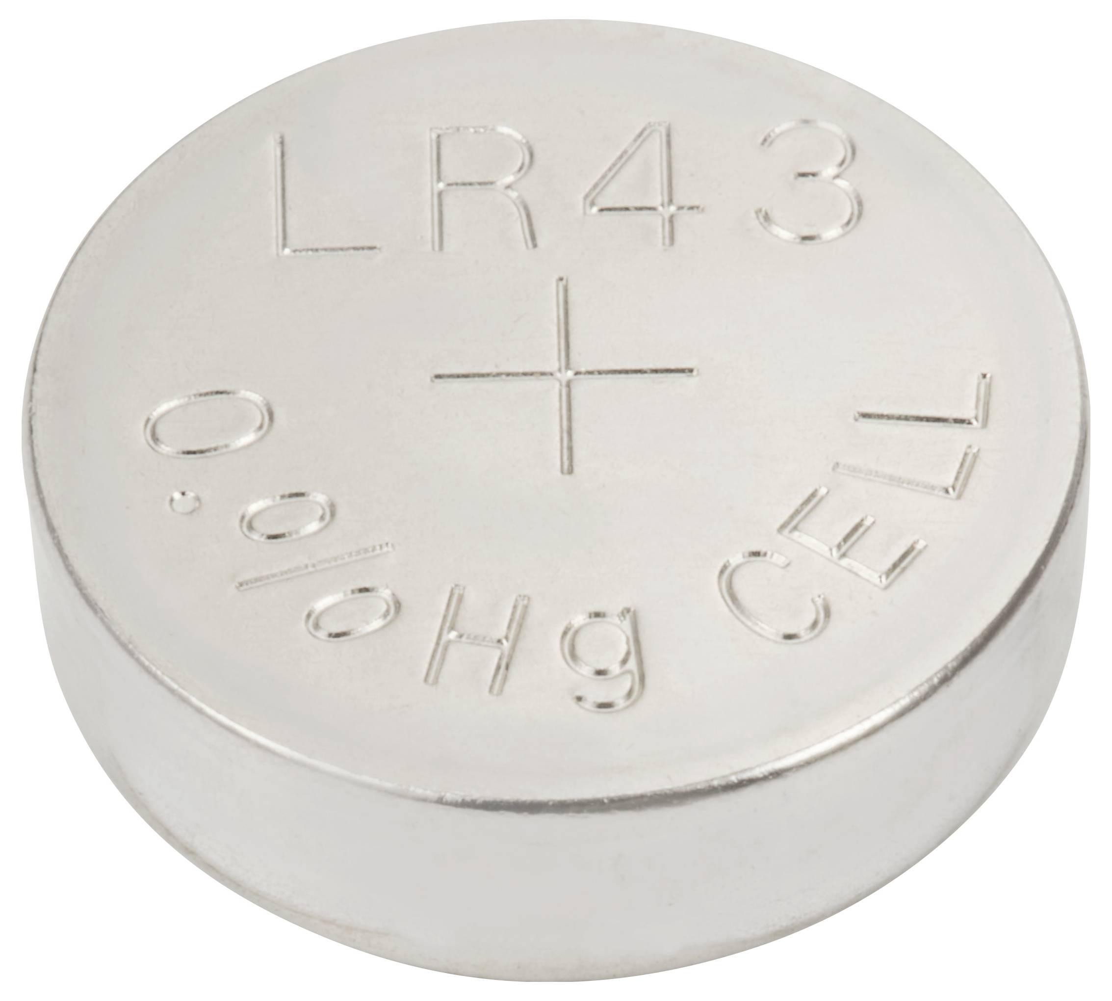 Sølv knapcellebatteri med påskriften 'LR43', '0% Hg CELLE'.