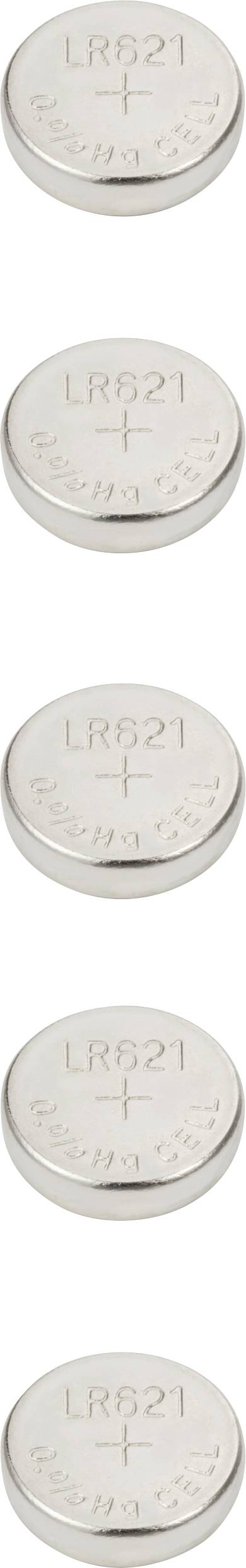 Fem små sølvfarvede knapbatterier, hver mærket med LR621.