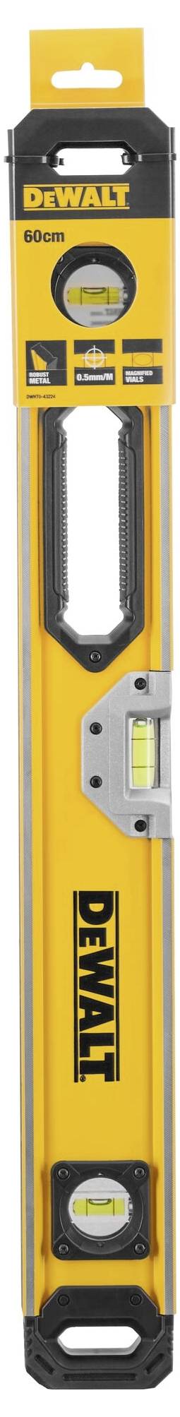 DEWALT 60 cm vaterpas med tre libeller og robust håndtag, velegnet til præcisionsmålinger inden for byggeri og gør-det-selv projekter.