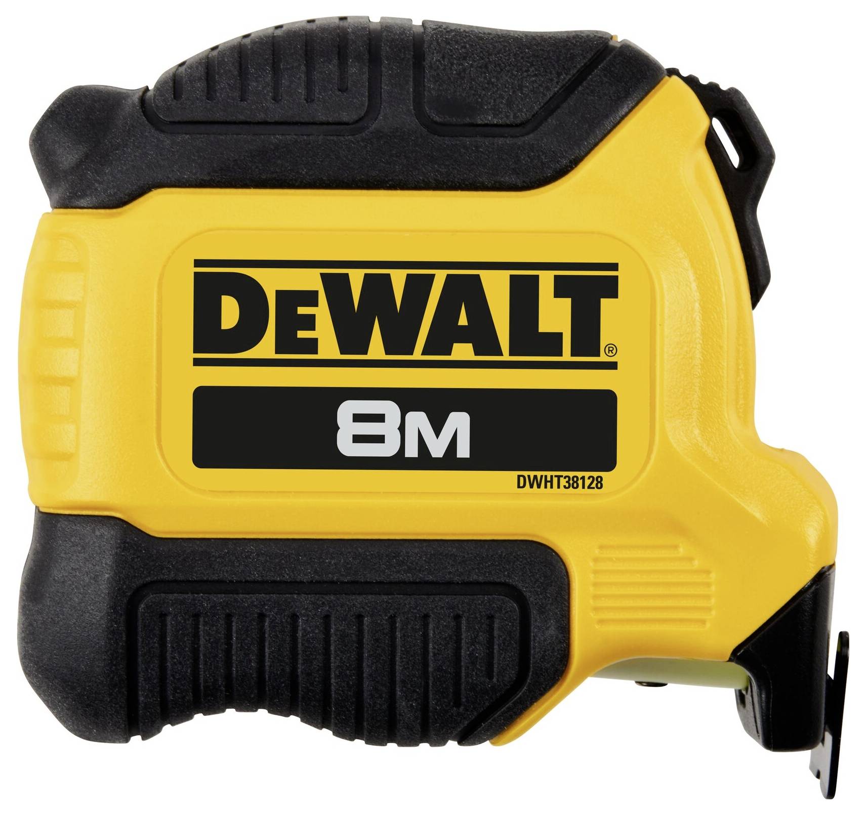 Gult og sort målebånd med påskriften 'DEWALT 8M'.