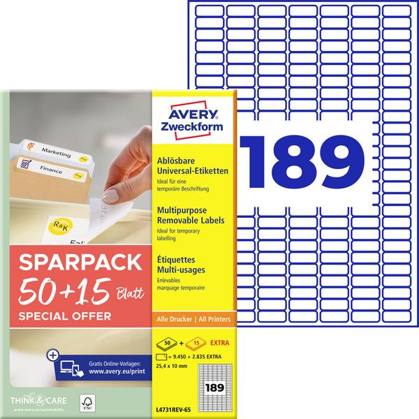 Avery-Zweckform L4731REV-65 Universelle etiketter 25.4 x 10 mm Papir Hvid 65 Blad Kan fjernes igen Inkjetprinter, Laserprinter, Farvelaserprinter, Kopimaskine, Farvekopimaskine, Håndskrift
