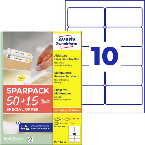 Avery-Zweckform L4744REV-65 Universelle etiketter 96 x 50.8 mm Papir Hvid 65 Blad Kan fjernes igen Inkjetprinter, Laserprinter, Farvelaserprinter, Kopimaskine, Farvekopimaskine, Håndskrift
