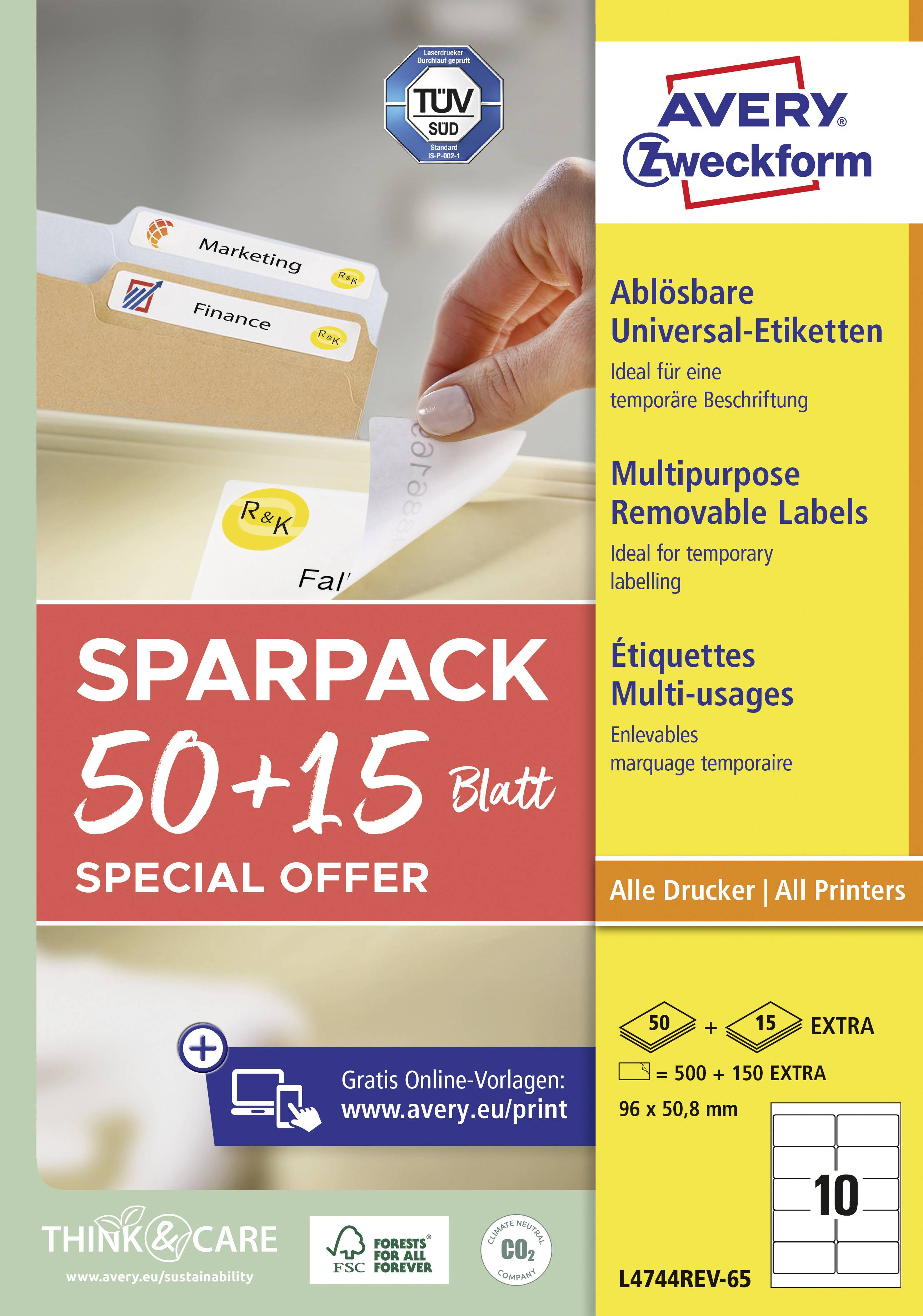 Etiket-emballage med 'Sparpack 50+15 ark Special Offer' og 'Avery Zweckform' logo. Ideel til aftagelig mærkning.