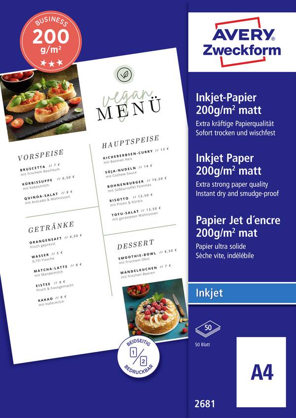 Avery-Zweckform 2681 2681 Inkjet printerpapir DIN A4 200 g/m² 50 Blad Der kan printes på begge sider