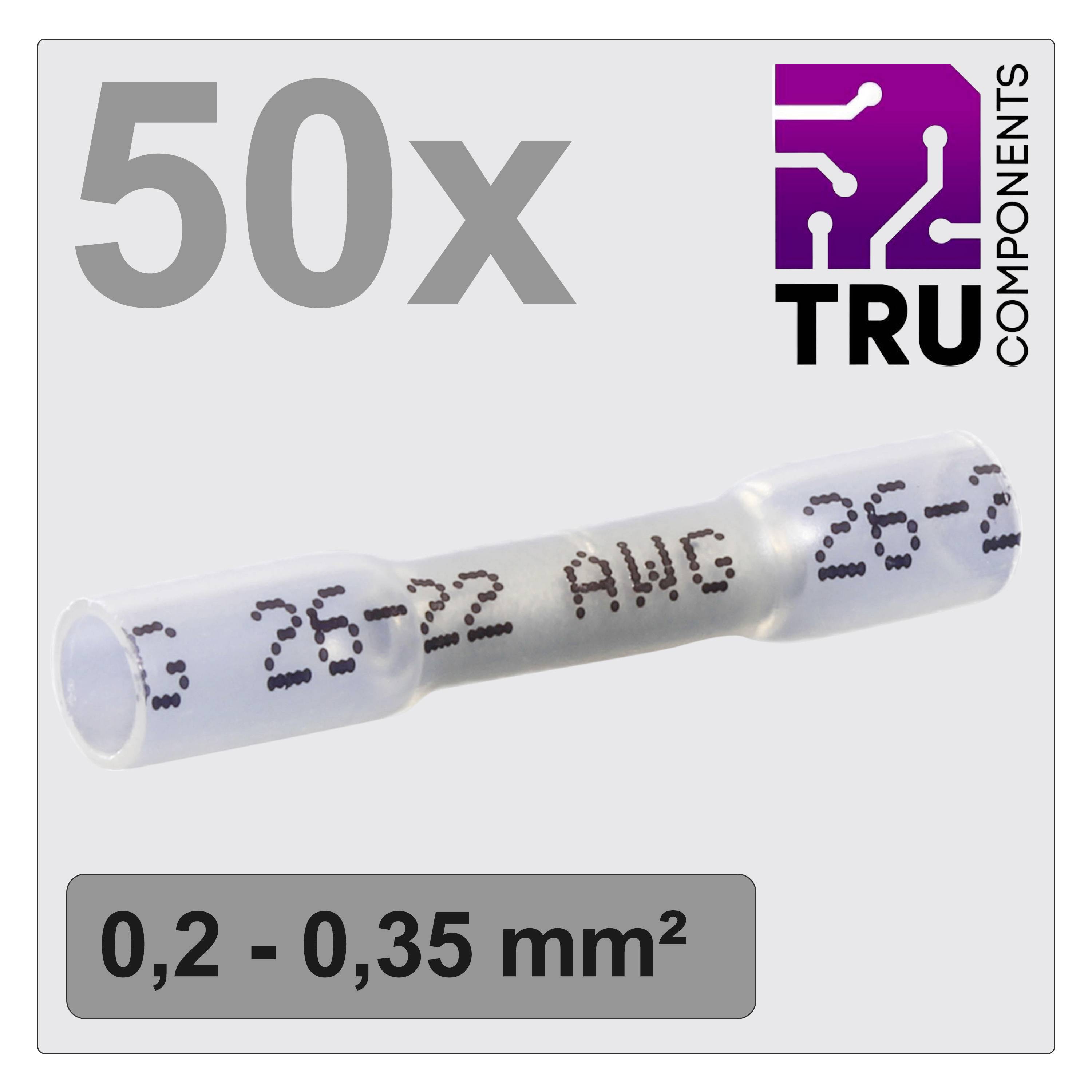 50 transparente kabelslørhuller fra mærket TRU Components, egnede til kabeltværsnit på 0,2 til 0,35 mm², på grå baggrund.