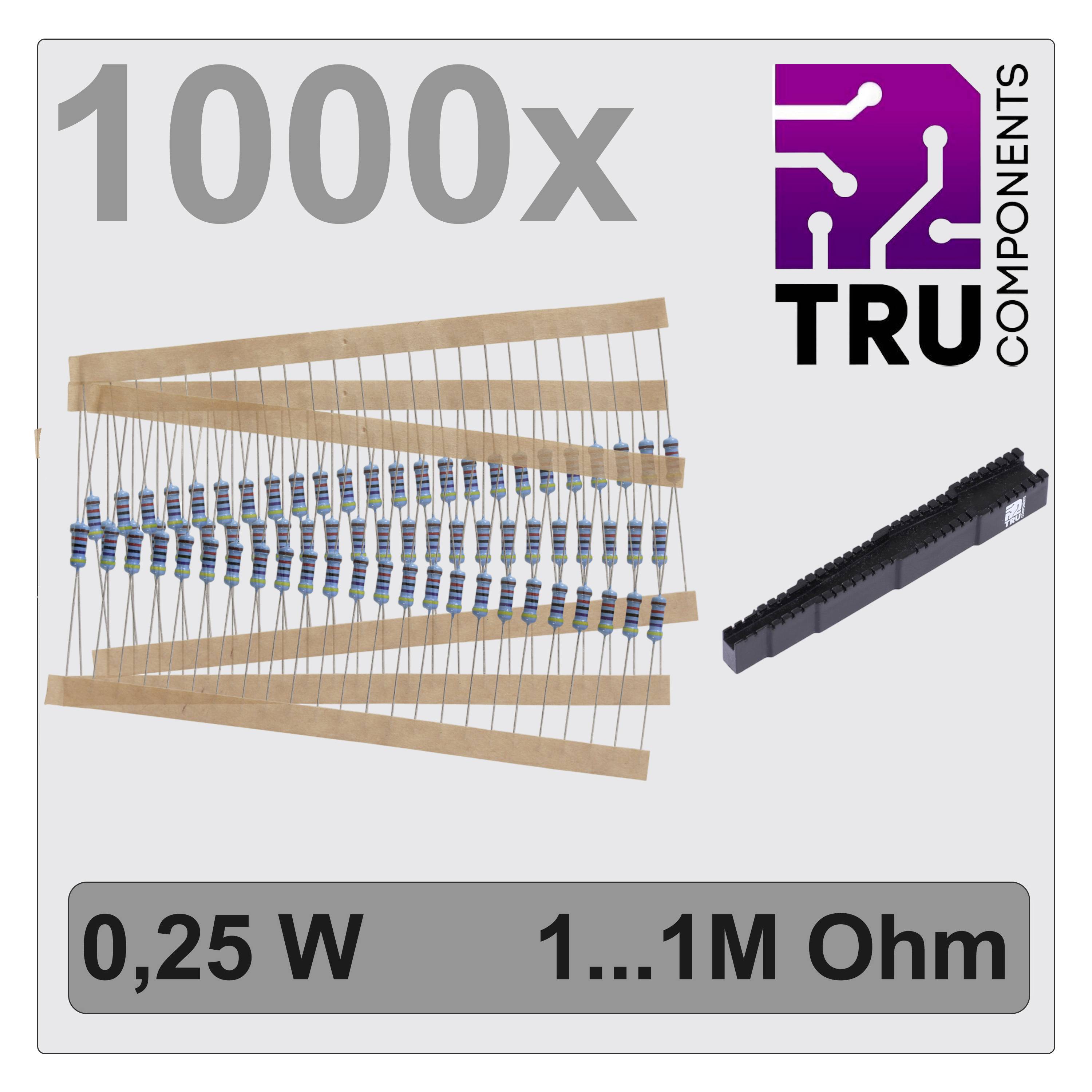 1000x TRU COMPONENTS modstandssortiment, 0,25 W, 1...1M Ohm. Højtydende modstandssæt med forskellige modstandsværdier.