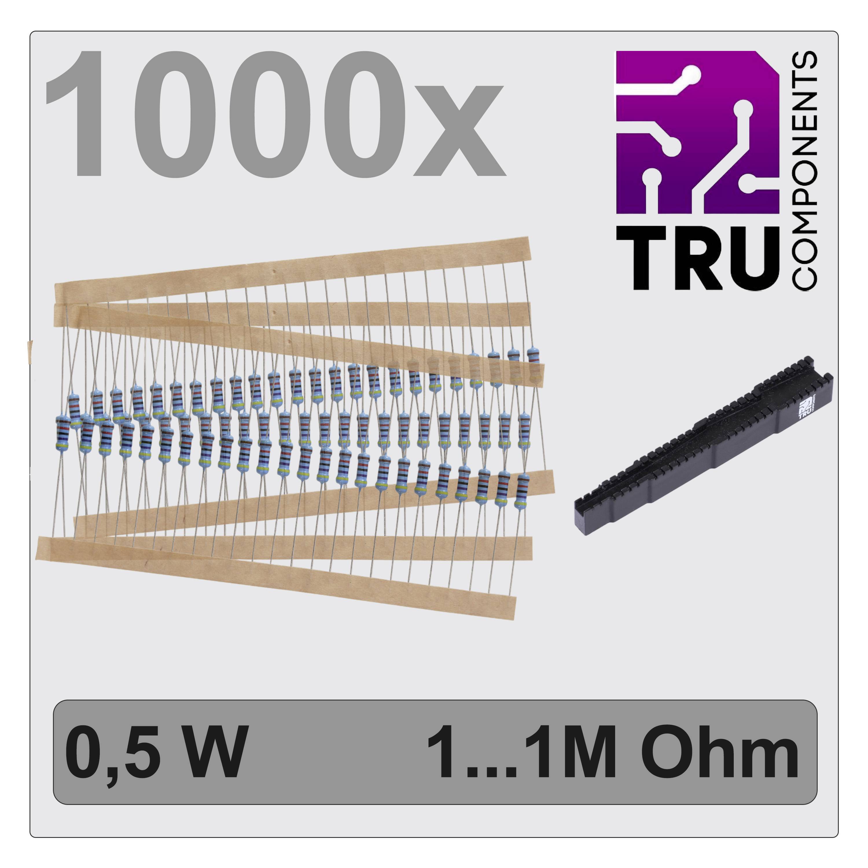 Pakke med 1000 modstande fra TRU Components, modstandsværdier fra 1 til 1M ohm, effekt 0,5 W.