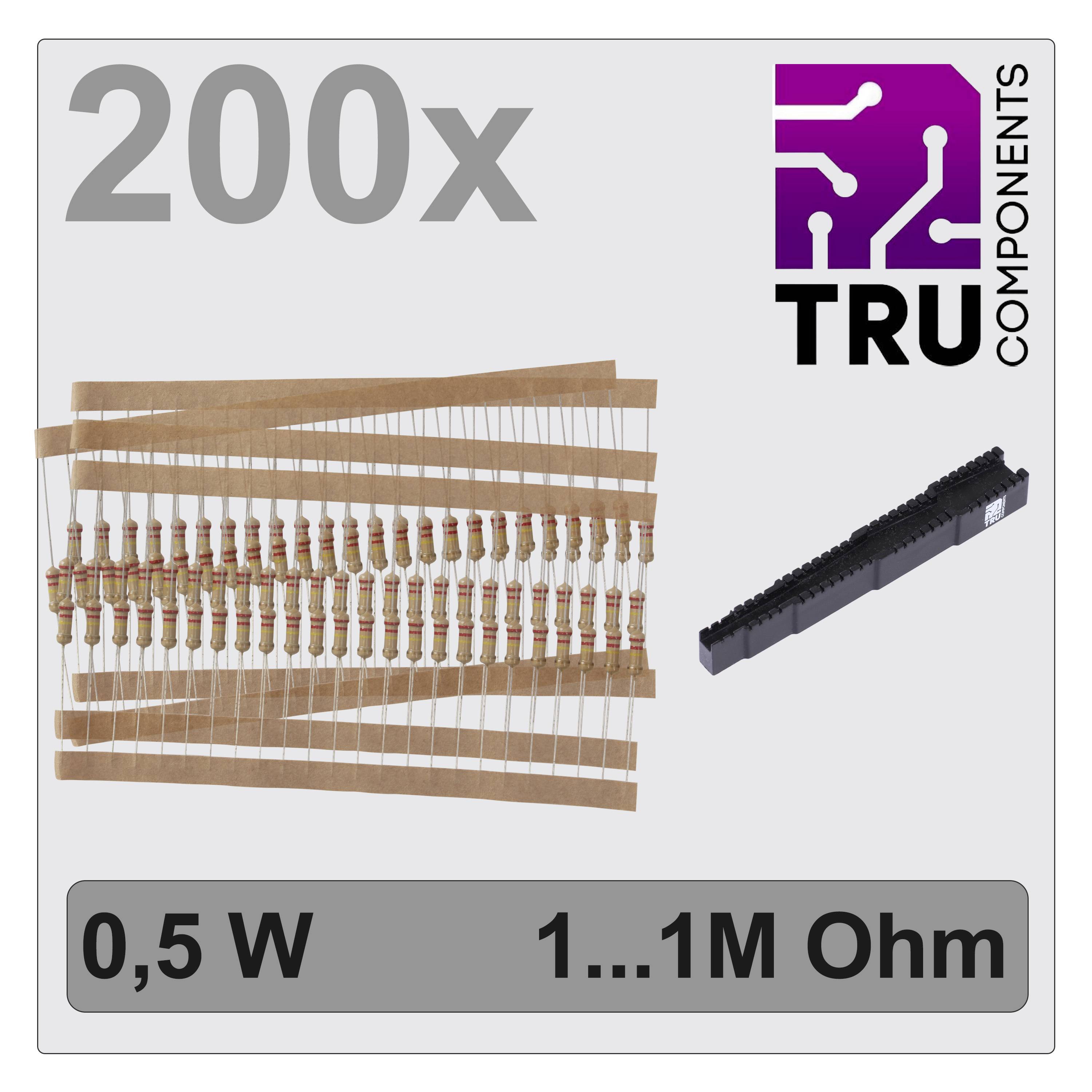 '200x 0,5 W 1...1M Ohm modstandsstykker fra TRU Components' viser samlede modstande, egnede til elektroniske anvendelser.