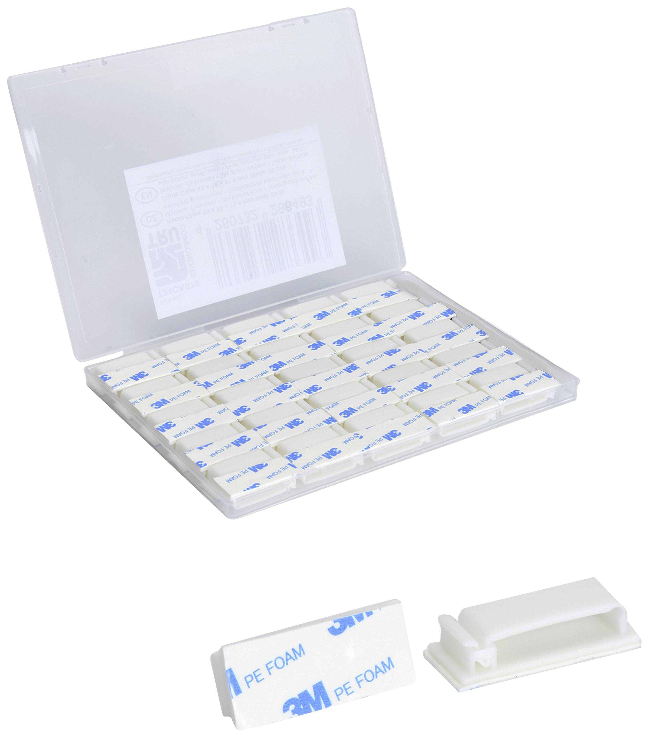 Små hvide skumtape-pads fra 3M i en gennemsigtig plastikboks. Kan tages ud enkeltvis og er velegnet til håndarbejde eller monteringsopgaver.