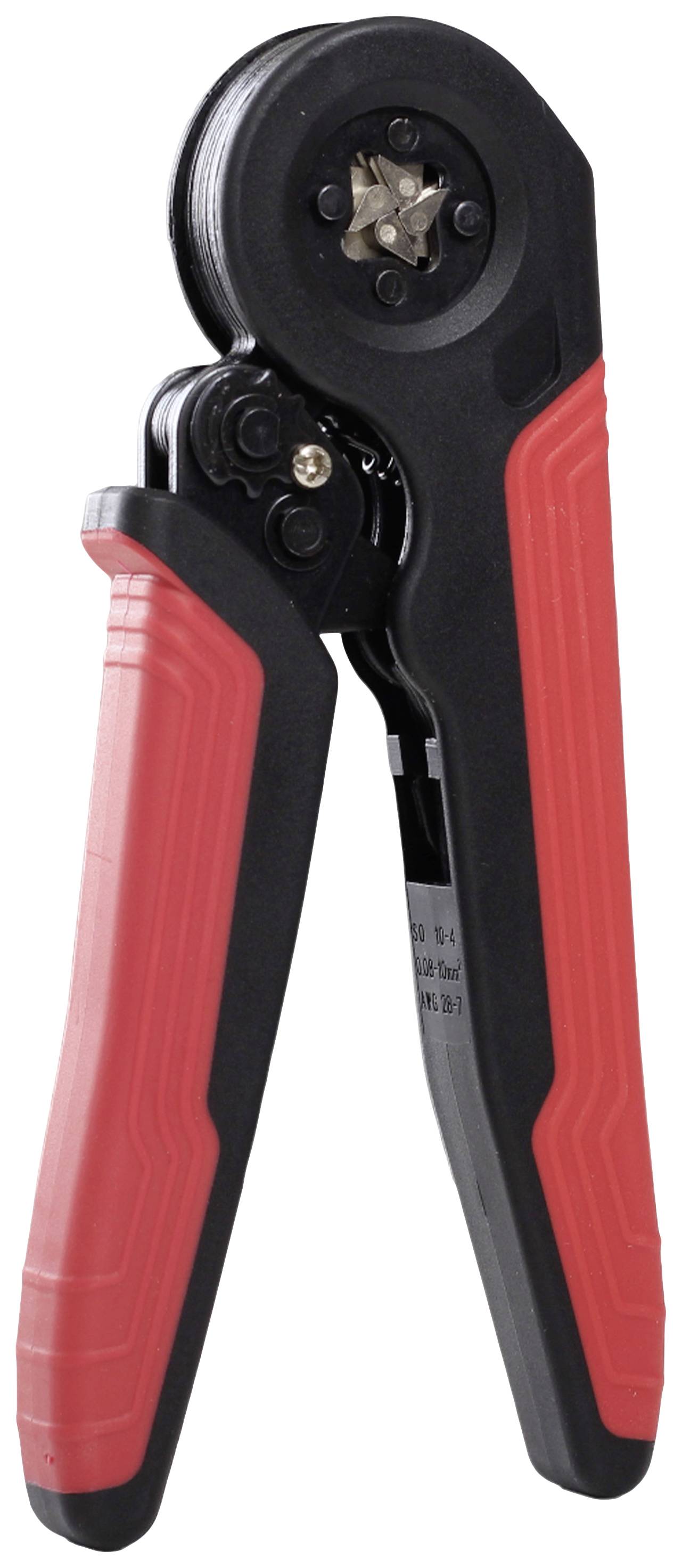 Sort og rød crimpetang med ergonomiske håndtag, typisk brugt til afisolering og crimpning af kabler.