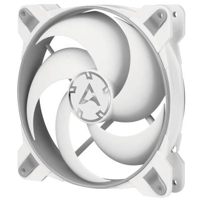 En hvid computerventilator med tre buede rotorblade i en firkantet ramme, ideel til køling af PC-kabinetter.