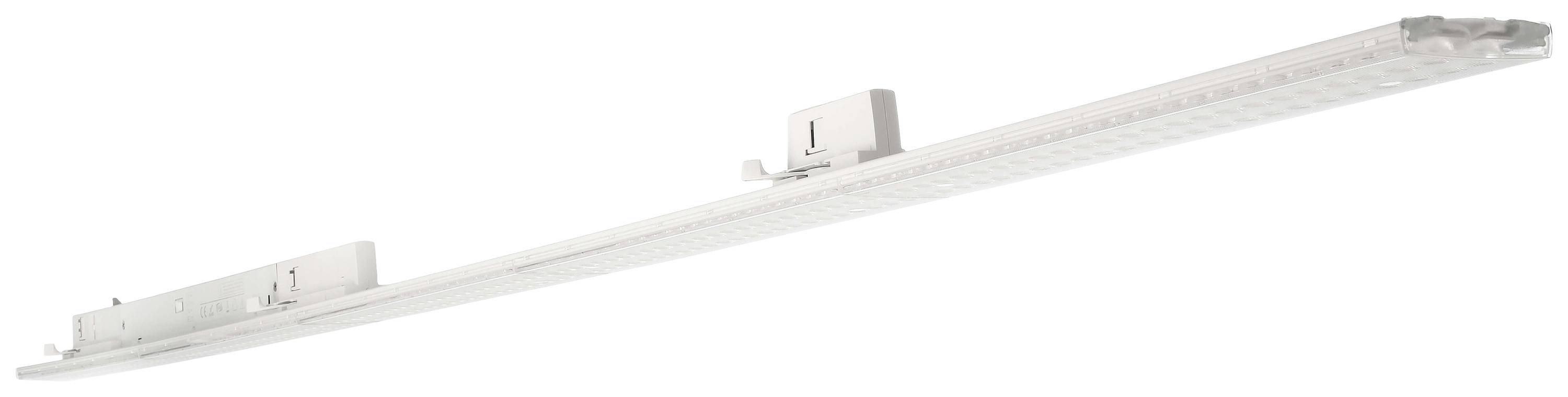 En hvid, aflang LED-lysbjælke med fastgørelses- og tilslutningskomponenter i begge ender.