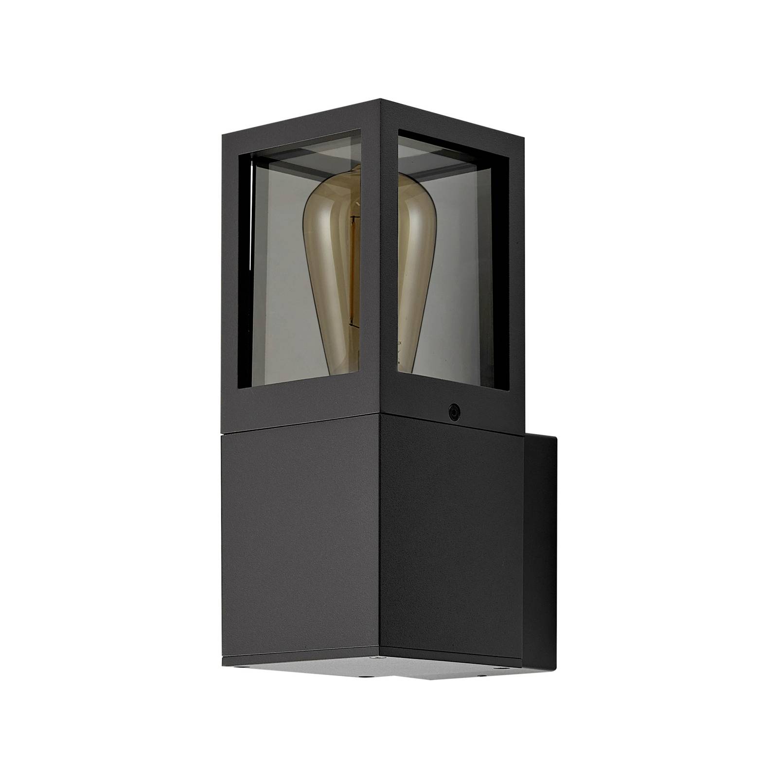 En sort væglampe med gennemsigtigt glas omkranser en pære. Moderne, minimalistisk design.