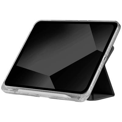 Et tablet i et gennemsigtigt beskyttelsescover, som står på et stativ. Skærmen er slukket og viser en refleksion.