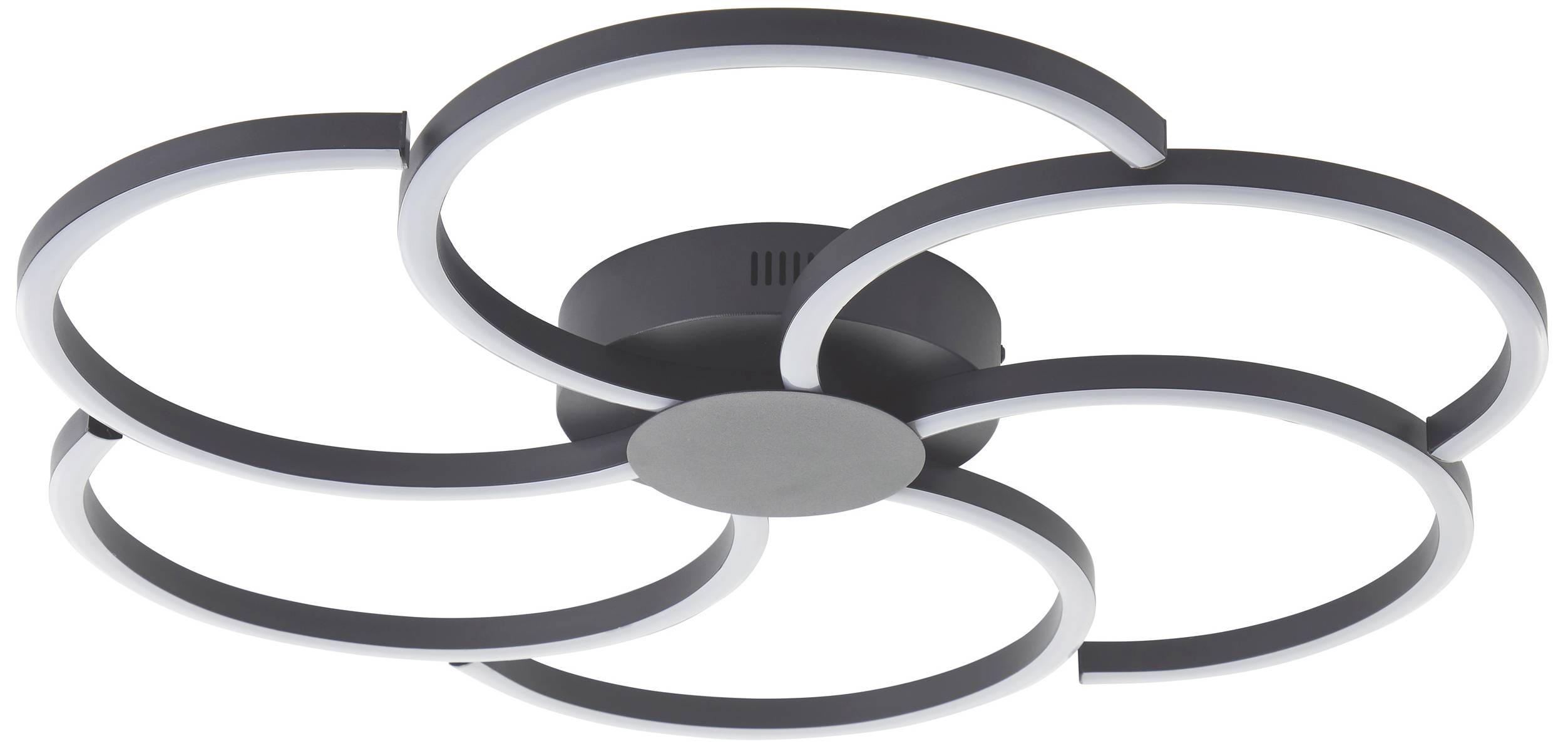 Moderne loftslampe med fem cirkelformede lysringe i sort og hvid, som viser et elegant og futuristisk design.