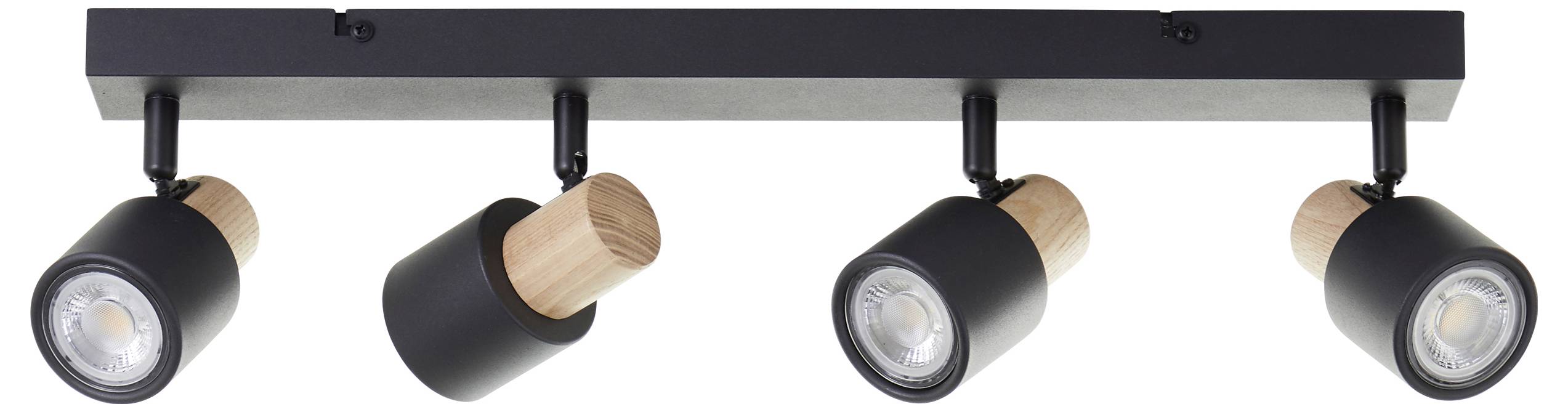 Sort loftlampe med fire justerbare spots og trædetaljer. Optimal til retningsbestemt belysning i moderne indretning.