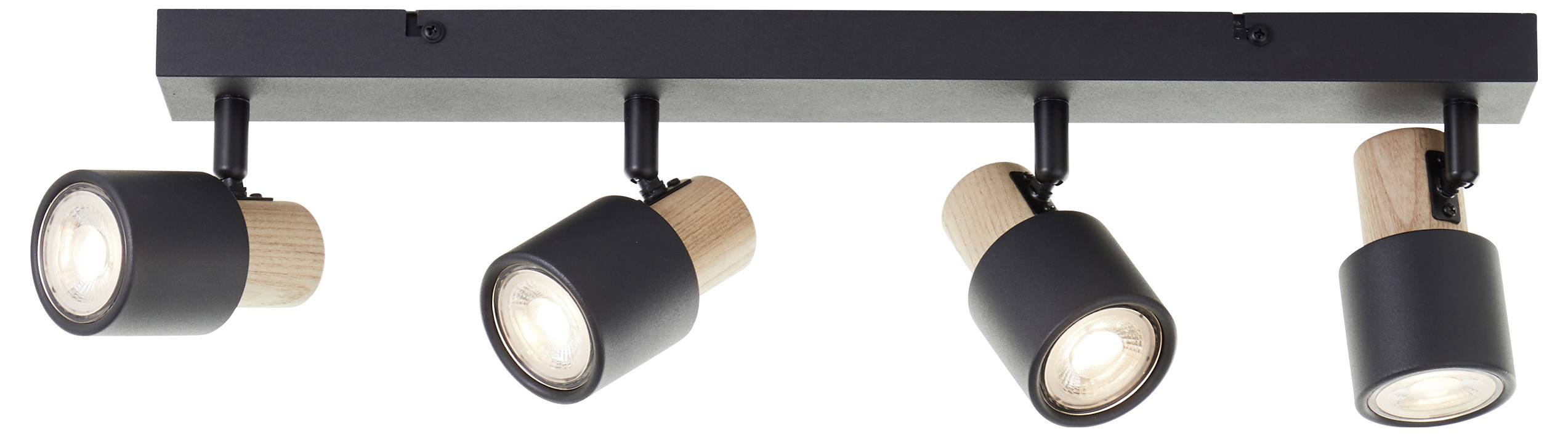 Loftlampe med fire justerbare, moderne spots i sort og træ-look, monteret på et rektangulær beslag.