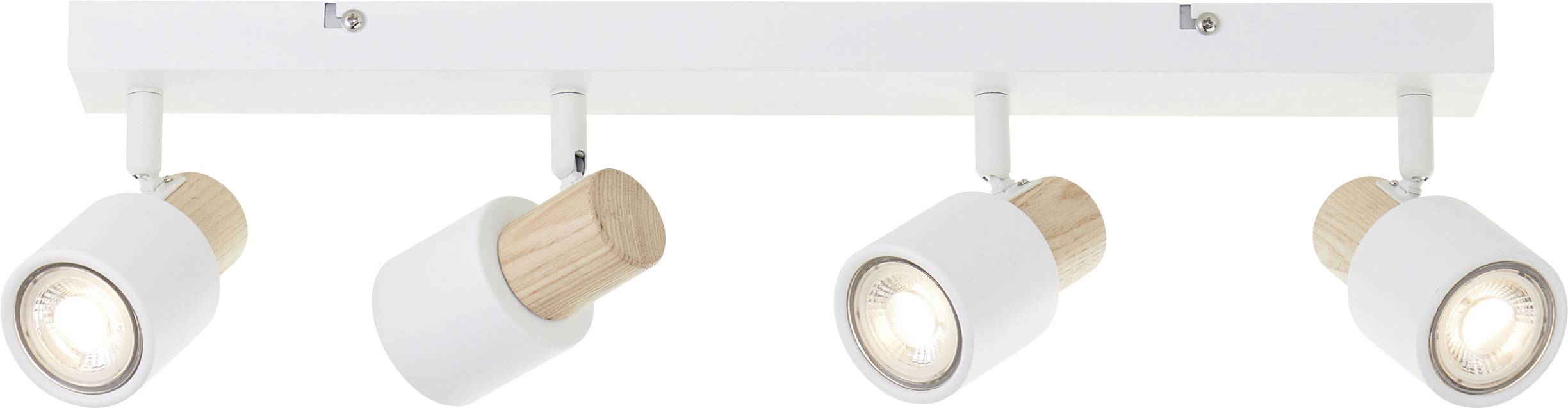 Hvid loftslampe med fire justerbare spots, hver i cylinderform, med trædetalje ved fatningerne.