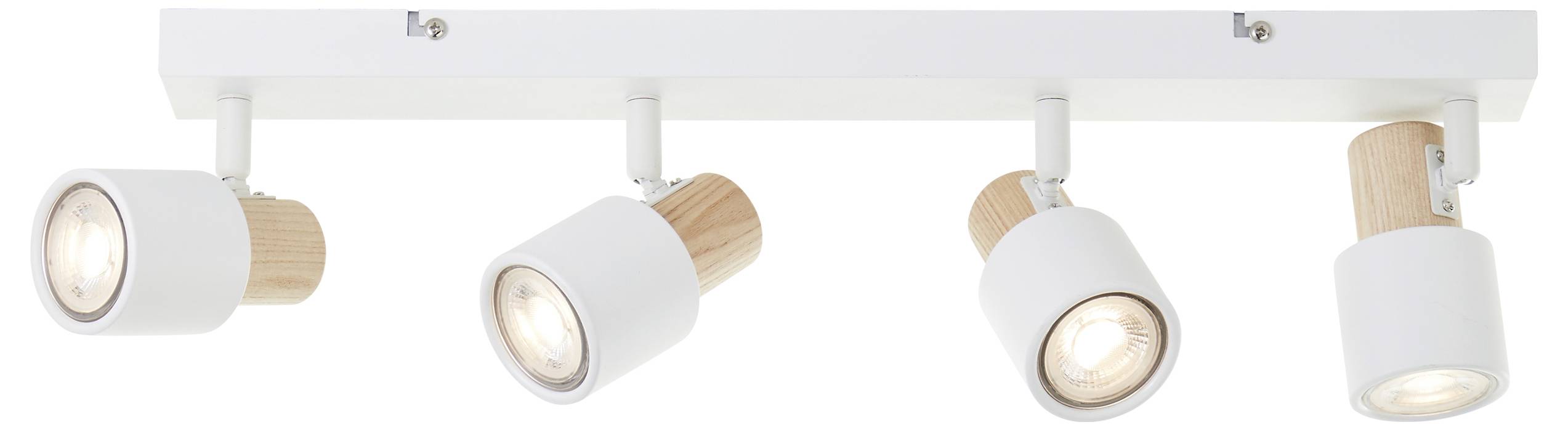 En stilfuld loftslampe med fire justerbare lamper, kombineret i hvid og træfarvet design.