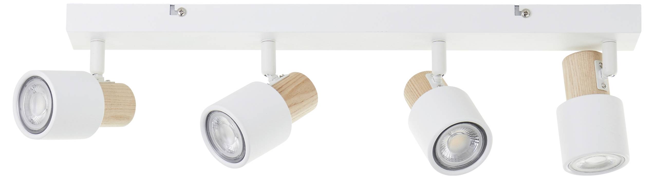 Hvid loftslampe med fire justerbare spots på et rektangulært beslag, delvist lavet af lyst træ.