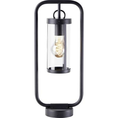 Et moderne, sort LED-gadelys med klar glasafdækning og synlig pære i midten. Minimalistisk design.