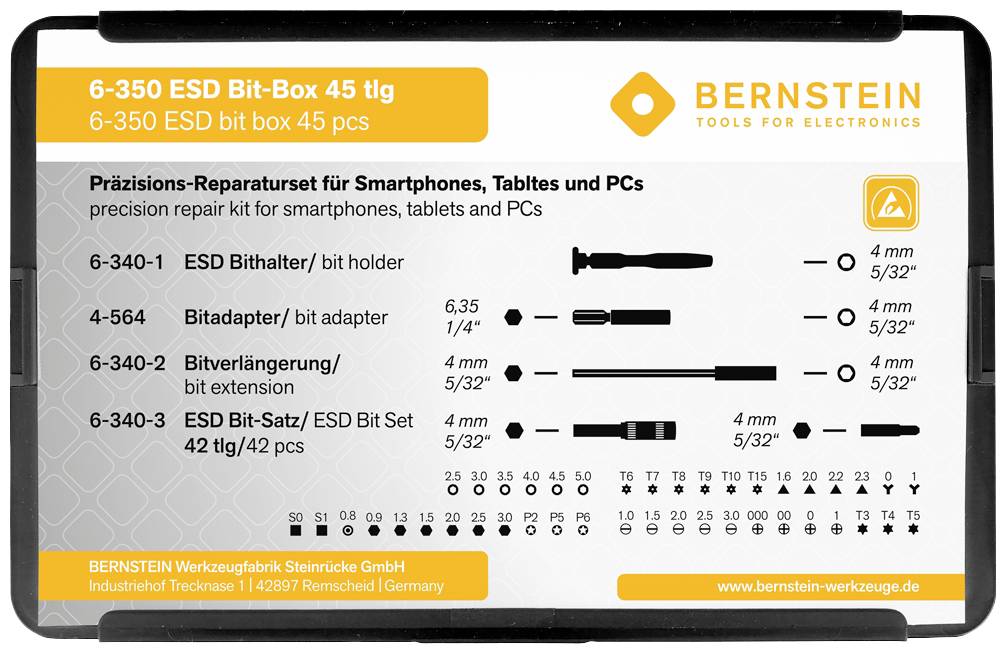 Bernstein 6-350 ESD Bit-Boks 45 dele: Præcisions-reparationssæt til smartphones, tablets og pc'er med bitsholder, adapter og forlænger.