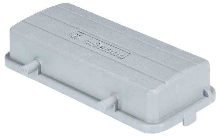 Rektangulær grå plasticlåg med sideklammer til fastgørelse. Påskrift 'wieland' i midten.