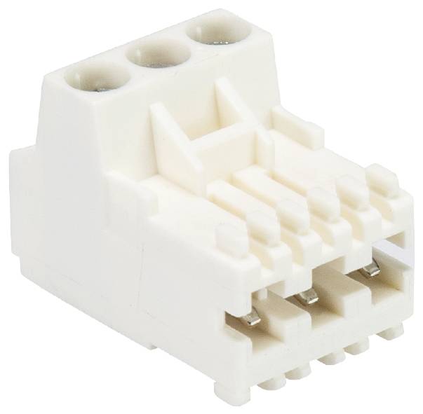 Hvid plastik stikforbindelse med flere tilslutningspunkter til elektriske kabler. Egnet til ledende forbindelser.