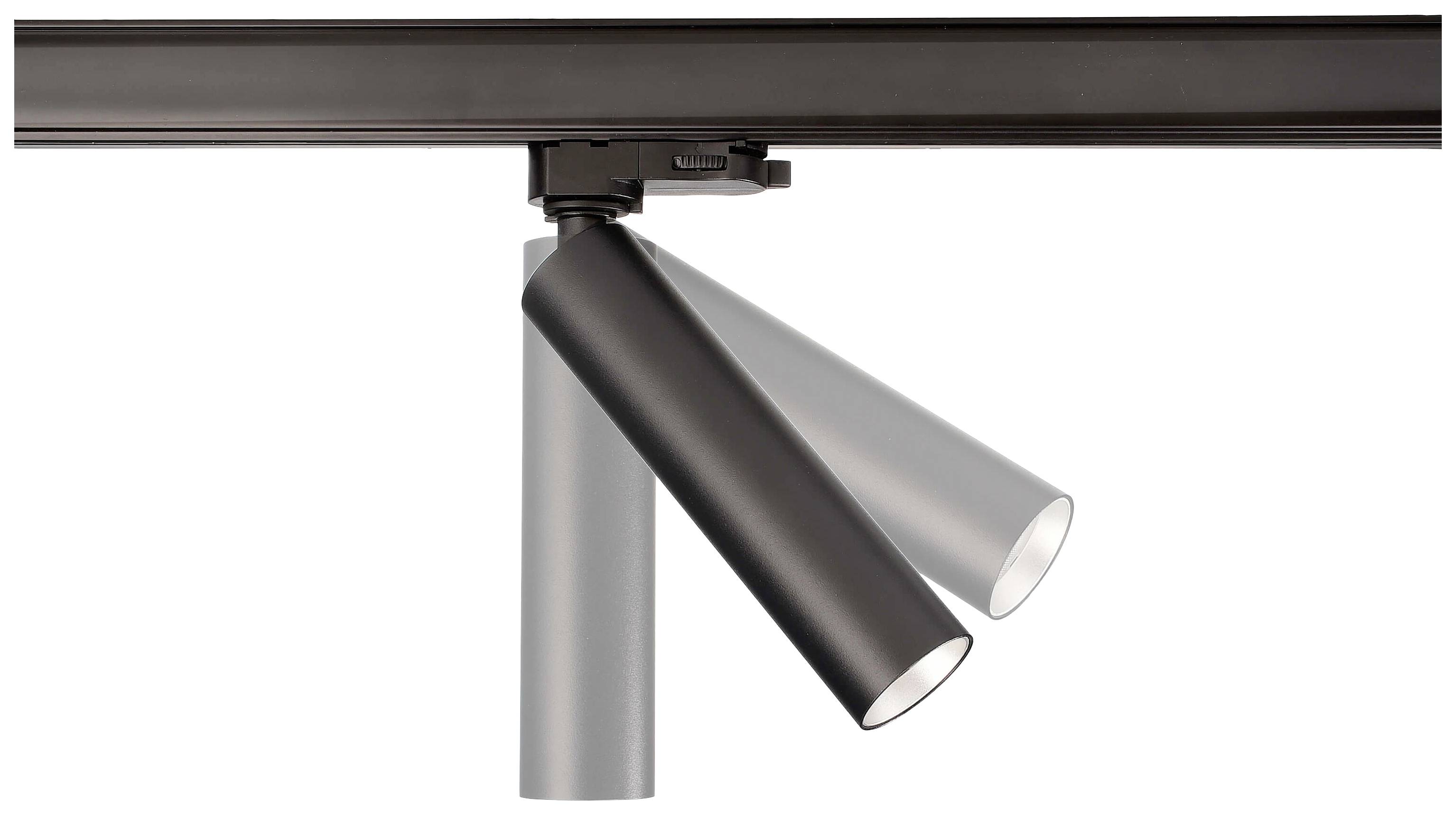 Loftlampe med to justerbare, cylinderformede lamper i sølv og sort, monteret på en skinne.
