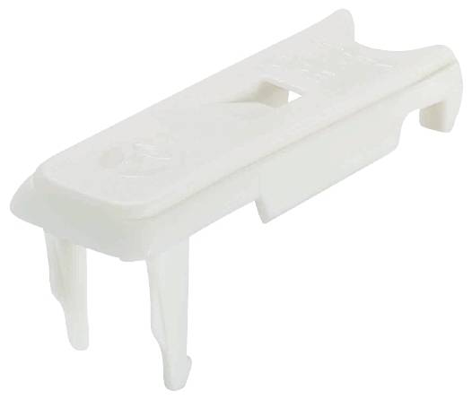 En hvid plastikclips med to kroge, sandsynligvis brugt som et fastgørelsesmiddel.