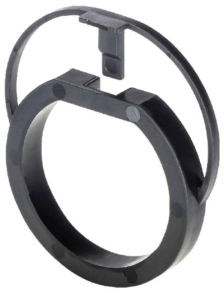 Rund sort plastikclips med integreret krog, velegnet til at sikre eller holde runde genstande sammen.