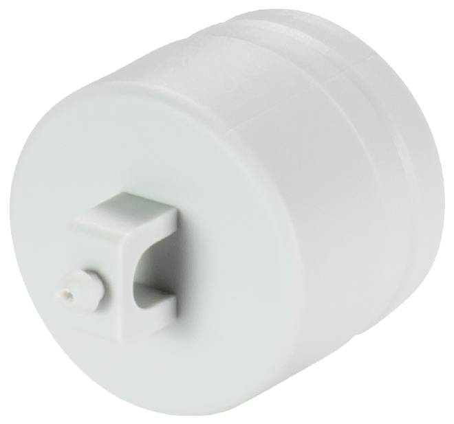 Hvid, rund plastikadapter med krog, sandsynligvis brugt til mekaniske forbindelser eller beslag.