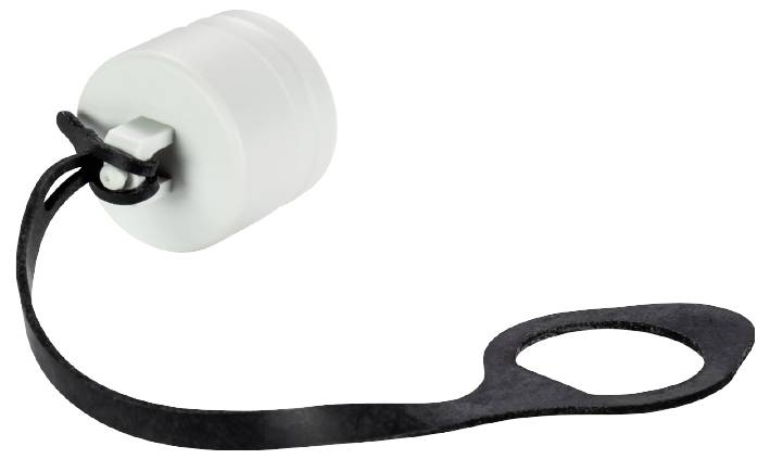 En hvid plastiklåg med sort bærestrop, beregnet til lukning af beholdere.