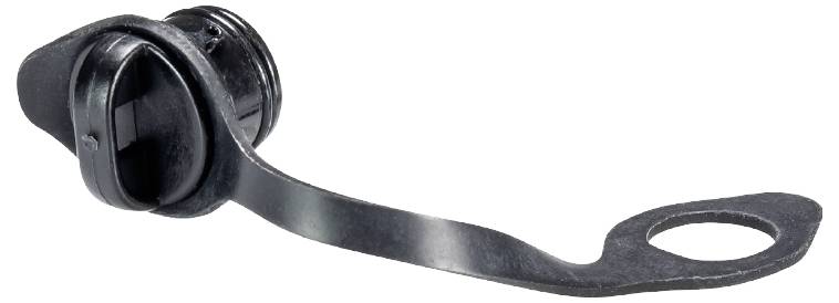 Sort metaldæksel med langt buet håndtag og rund afslutning, muligvis beregnet til en flaske eller beholder.