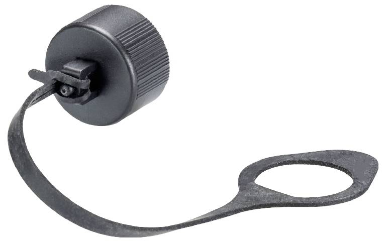 Sort plastiklåg med rillet struktur og fleksibel holder med en åbning i enden. Det er egnet til en flaske.