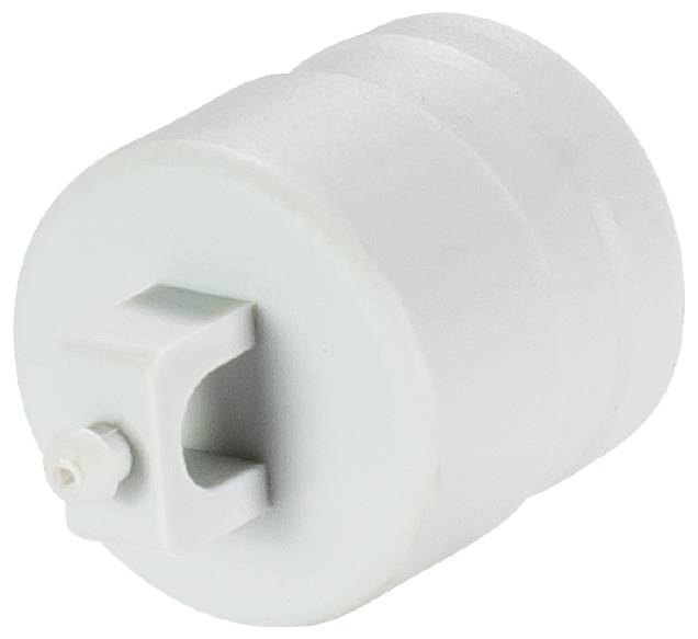 En hvid, cylindrisk adapter med en central åbning og en lille krog på den ene side; bruges til forbindelse i elektroniske enheder.