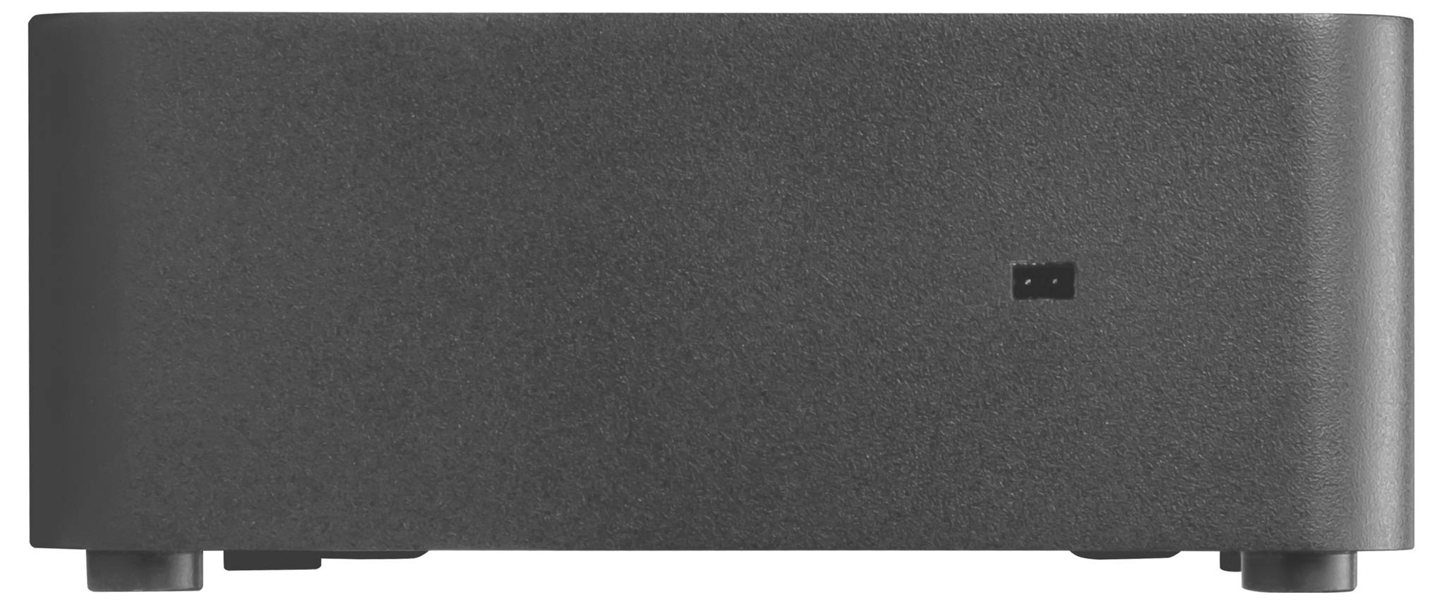En rektangulær, sort elektronisk enhed med en lille firkantet lampe på forsiden.
