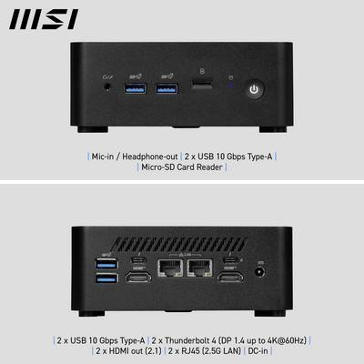 Sort mini-pc med flere tilslutningsmuligheder som USB, HDMI, Thunderbolt og kortlæser. Varemærkelogo øverst til venstre.