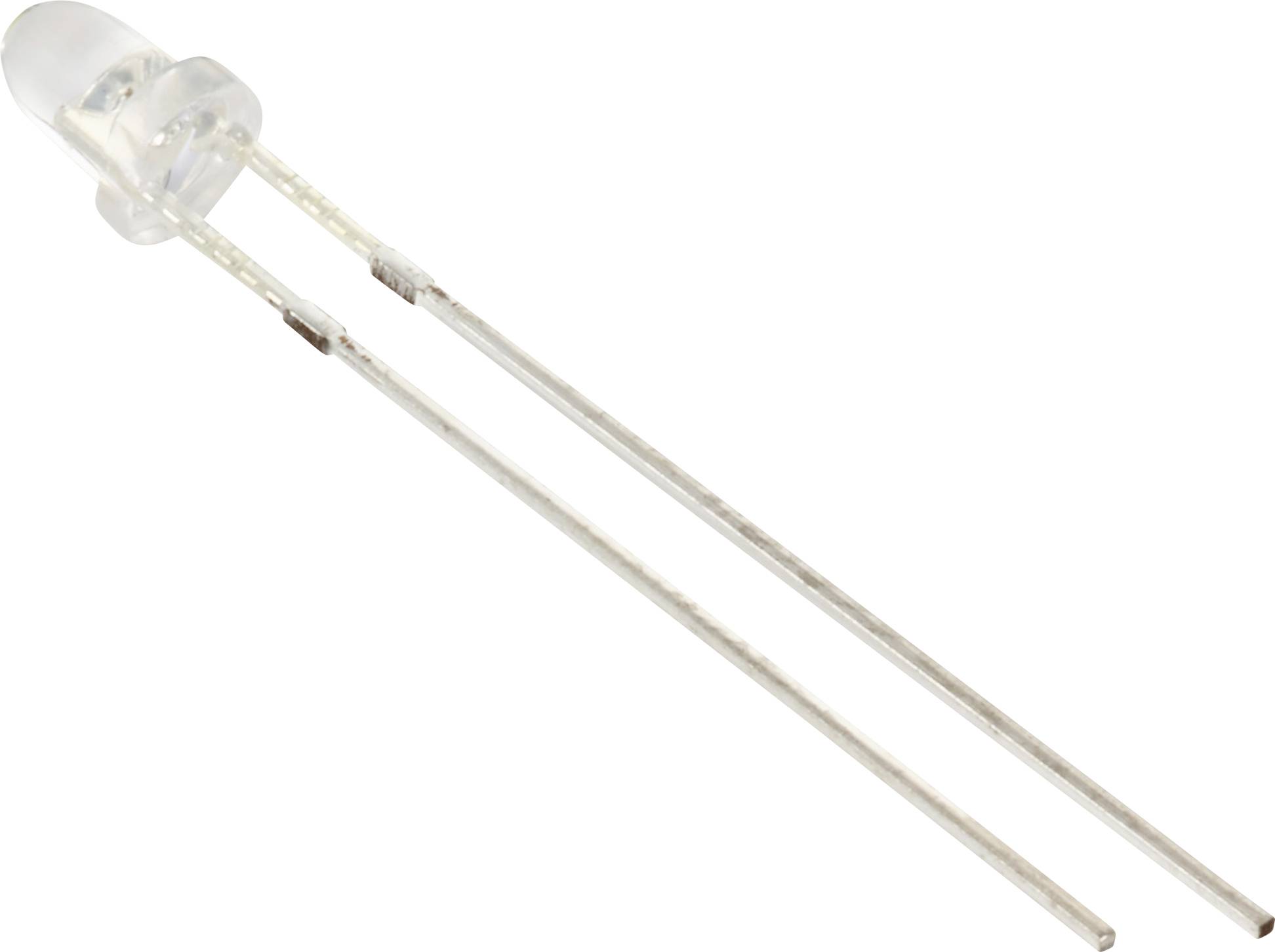 En enkelt, gennemsigtig lysdiode (LED) med to metalforbindelser er vist.