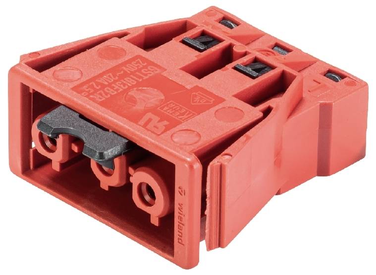 Rød sikringsadapter med påskrift '500V 20A', konstrueret til industrielle anvendelser.