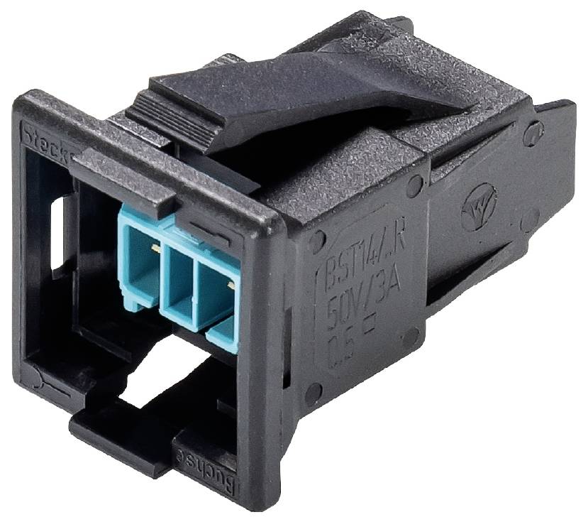 Sort elektrisk stikforbindelse med to blå hunstik, egnet til applikationer op til 50V/13A.