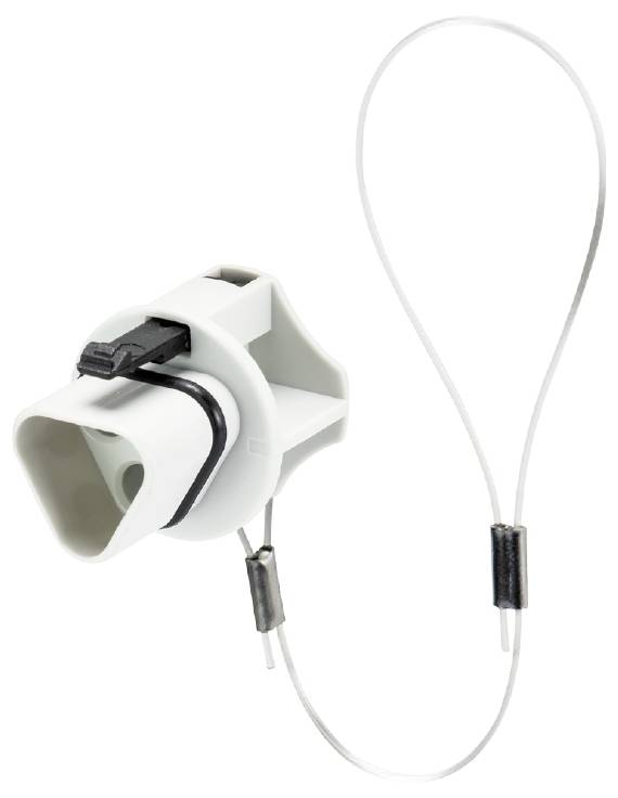 En hvid plastikadapter med sort clip og tilsluttet kabel; muligvis et elektrisk forbindelsesstykke.