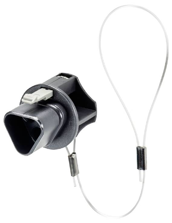 En sort og grå elektrisk stikforbindelse med kabelslynge, muligvis til en teknisk eller elektronisk enhed.